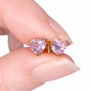 Heart Stud Earrings with Pink Stones